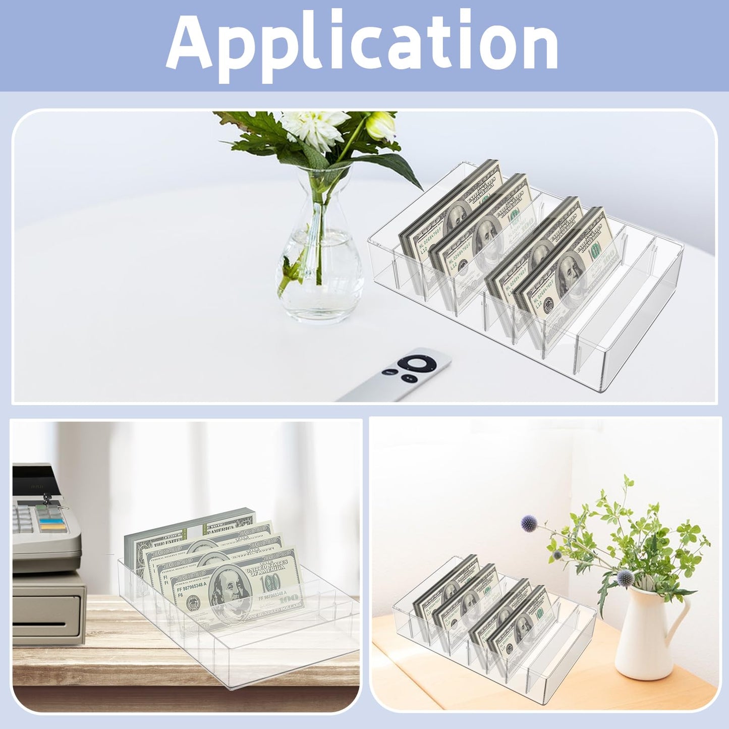 JINGHANGER Large Cash Organizer 8 Sections Clear Money Budget Tray Organizer Plastic Divider Bill Storage Holder for Money Budget Envelopes, Palette Makeup, Cables and More, 10 x 7 x 2.2 Inch