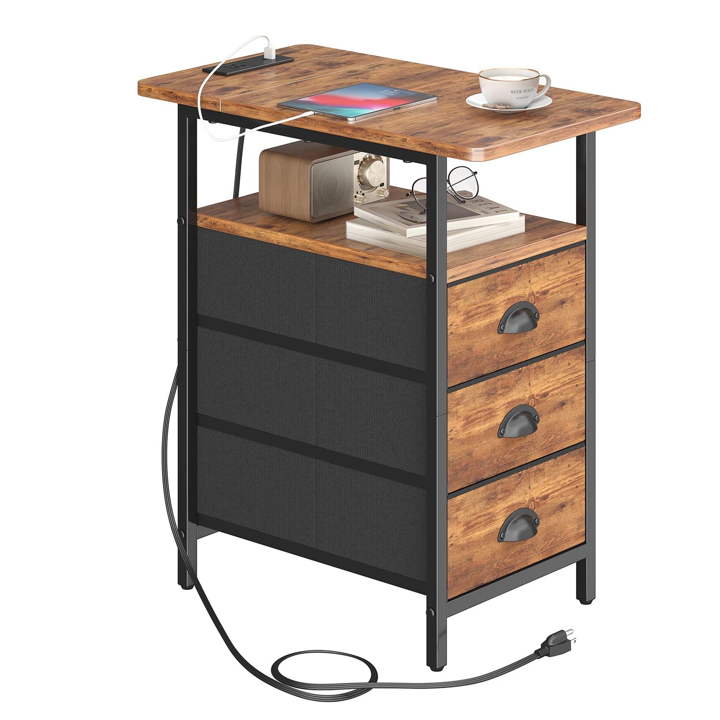 sthmec End Table with Charging Station, Side Tables Livingroom with USB Ports and Outlets,Narrow Nightstands Bedside Tables with 3 Drawers for Small Space,Slim Sofa Table Bedroom,Rustic Brown