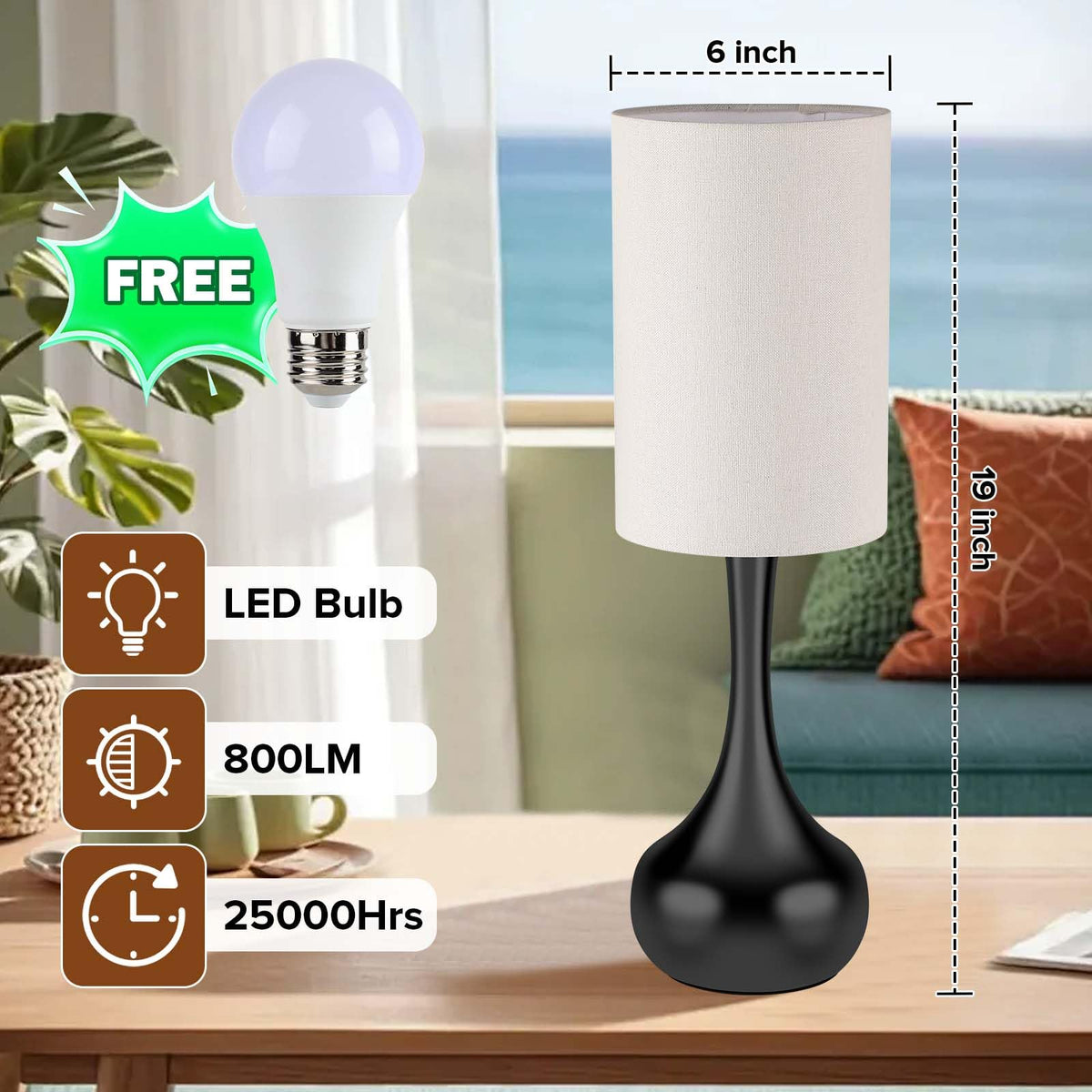 LEDIKON Mid Century Modern Droplet Table Lamp,Touch Control & 3-Way Dimmable,No Assembly Required Cylinder Shade,Black Vintage Farmhouse Bedside Lamp for Bedroom,Nightstand,Living Room,Office