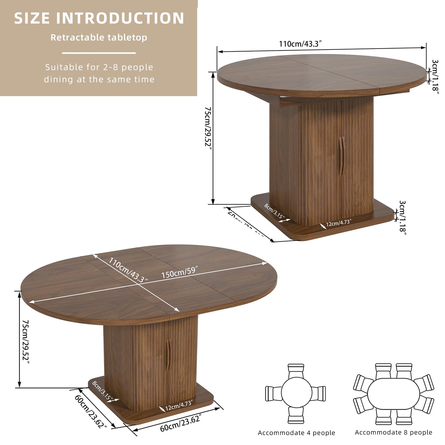 Extendable Round Conference Table for 4-8 People, 43in-59in Modern Oval Meeting Room Table with Storage, Fluted Wood Slide Doors, Small Compact, Office, Training, Conference Room, Walnut