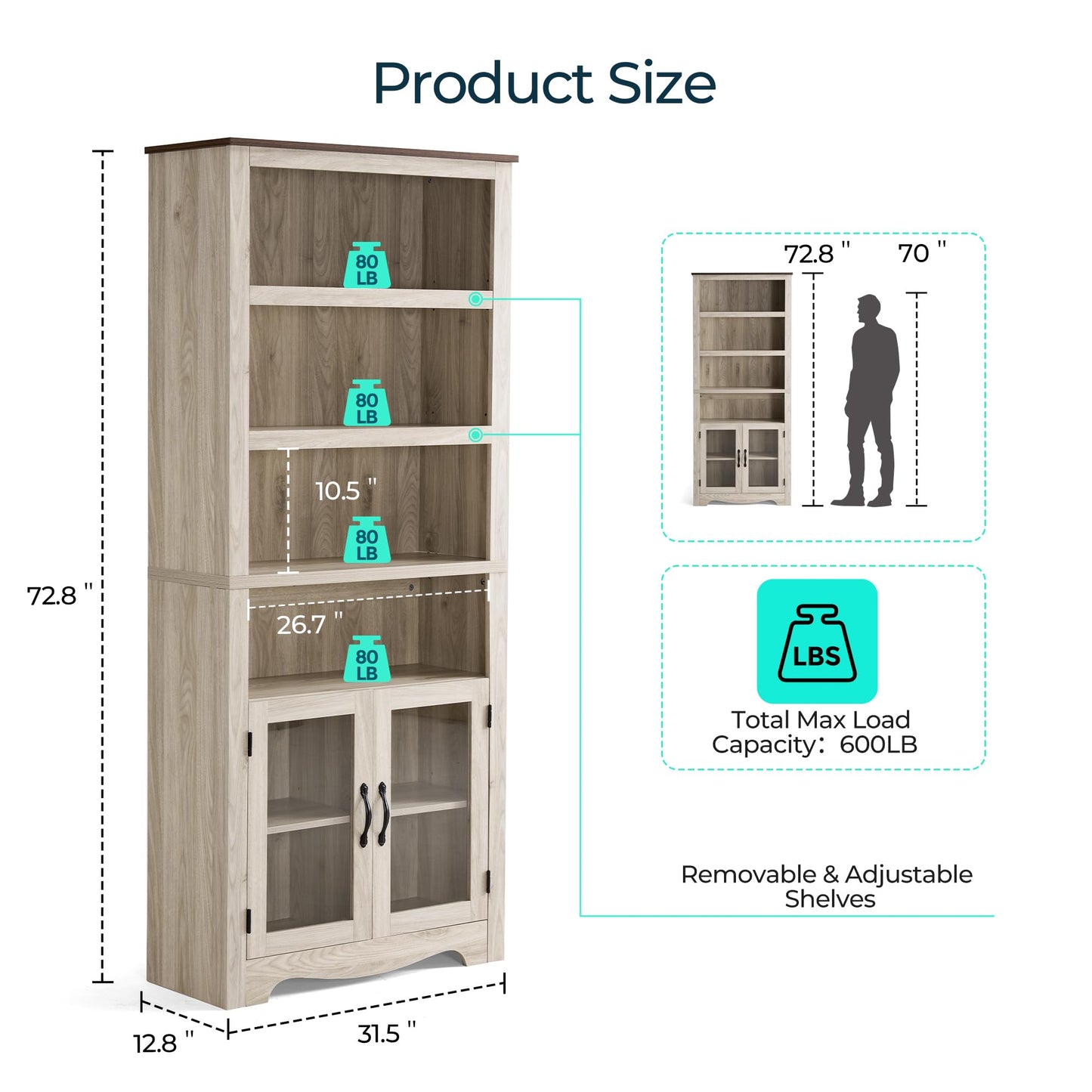 LINSY Bookshelf with Doors, 6 Shelf Bookcase Tall Bookshelves, 73" Farmhouse Book Shelf with Storage Cabinet, Wood Book Shelves for Living Room, Bedroom, Office, Rustic White