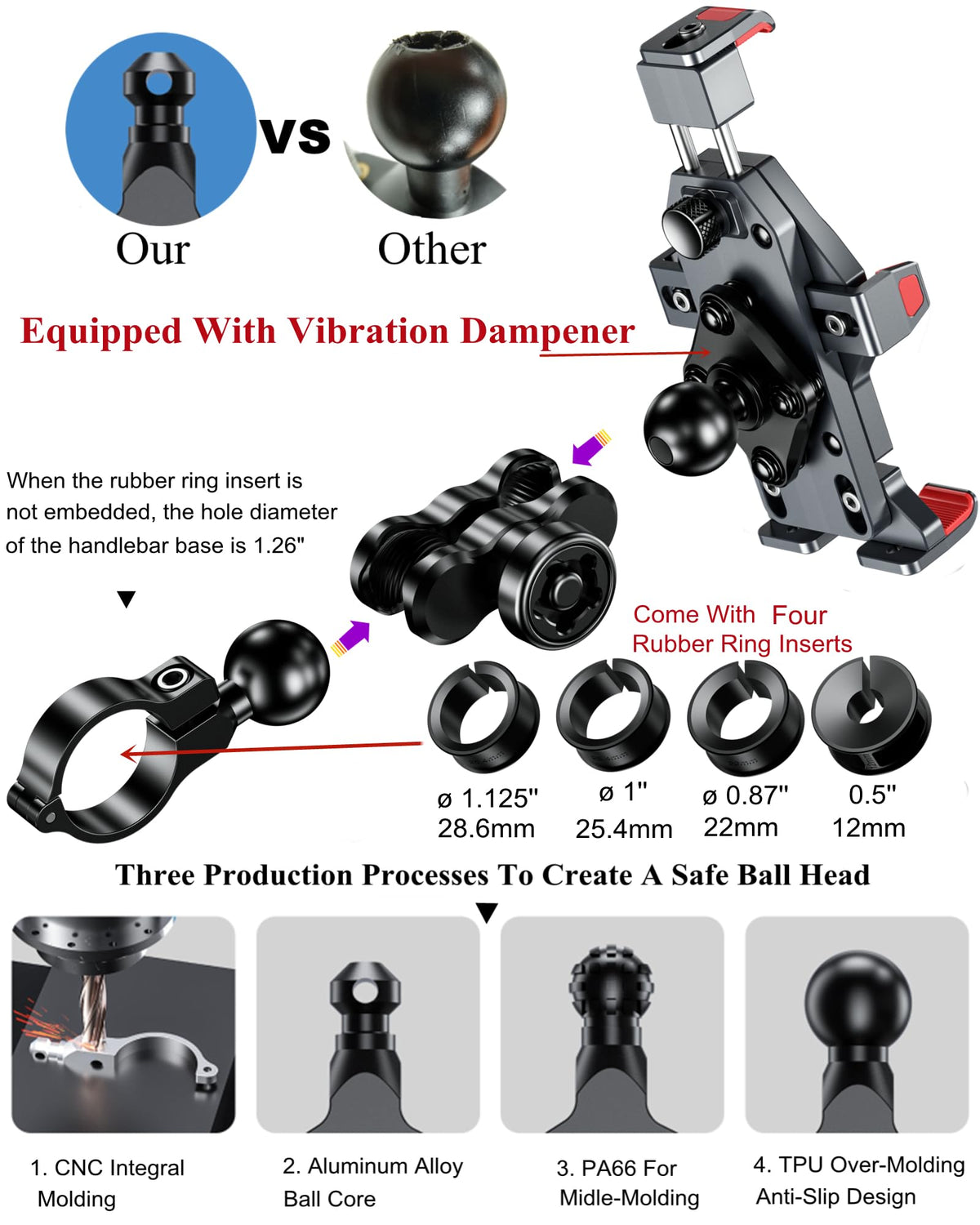 BRCOVAN Anti-Theft Aluminum Alloy Motorcycle Phone Mount with Vibration Dampener & High-Speed Secure Lock, Adjustable Bike Handlebar Cellphone Holder for Bicycle Scooter ATV, Fit 4.7-7.2'' Smartphone
