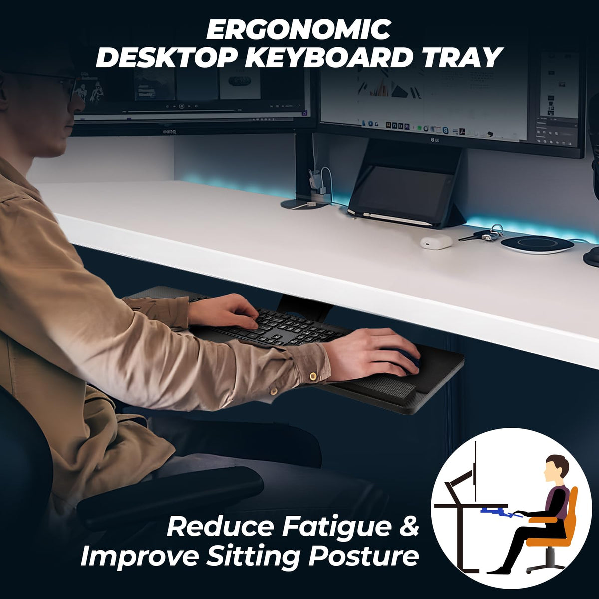 Keyboard Tray Under Desk， 360° Adjustable Slide Out Keyboard Tray Under Desk with Mouse Pad & Wrist Rest，Ergonomic Large Size Keypad Tray Holder， Suitable for Office/Game/Home