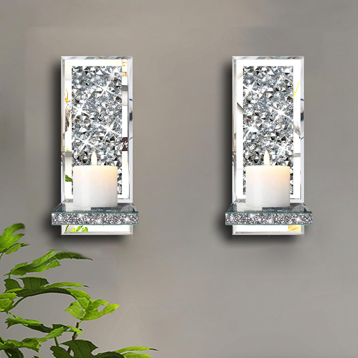 ZOLAPI Set of 2 Crystal Crush Diamond Candle Sconces, Gorgeous Silver Mirrored Wall Sconce, Candle Holder Glass Wall Decorations for Home Décor, Living Room, Dining Room. 1A