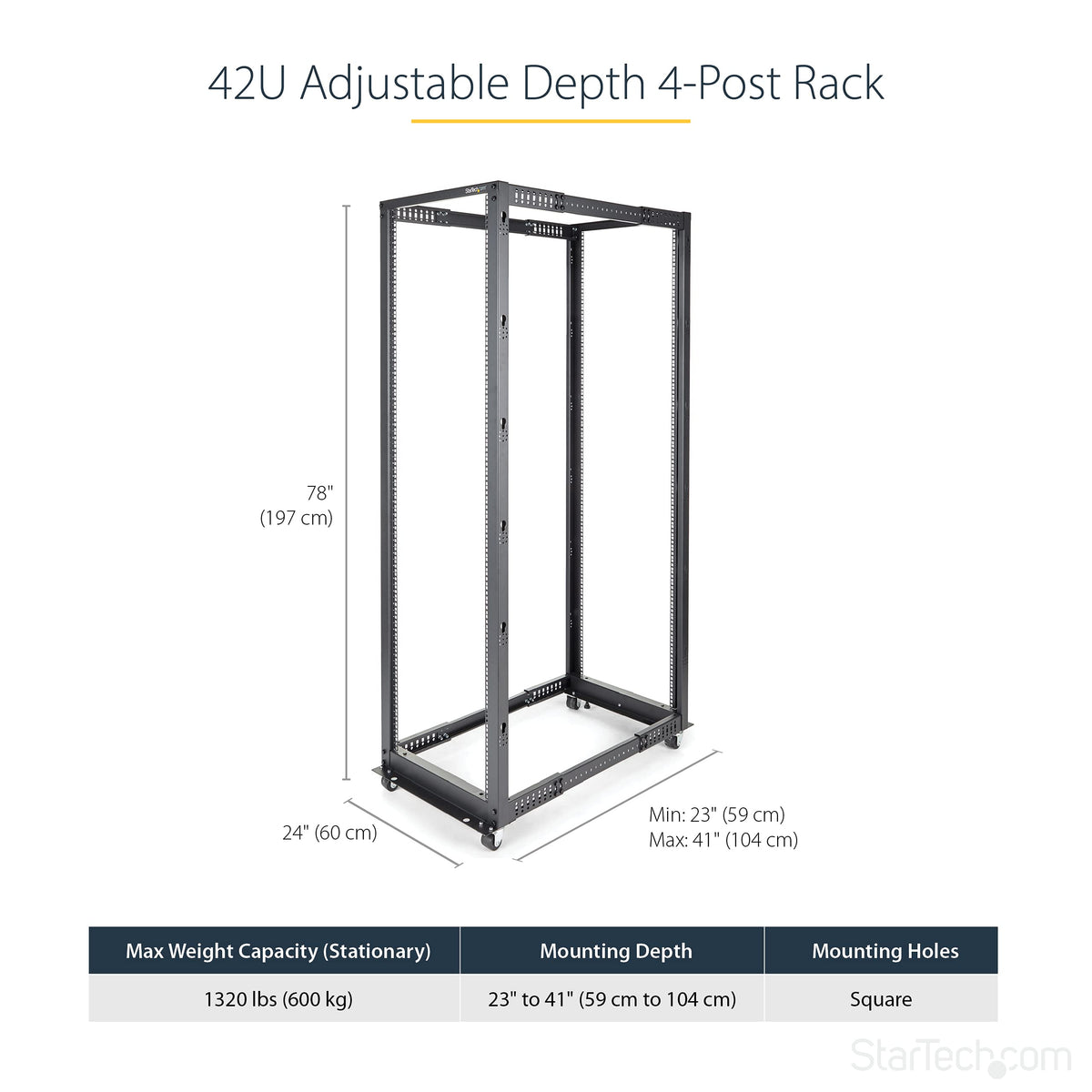 StarTech 42U 4-Post Server Rack, 19in Open Frame Rack with 40in (101cm) Mounting Depth and 1323lb (600kg) Weight Capacity, Mobile or Floor Mount IT Rack
