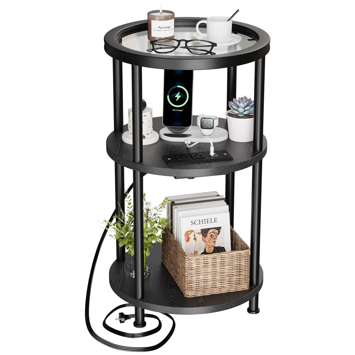 Homeiju Glass Side Table, 3-Tier Glass End Table with Adjustable Feet, Bedside Table for Small Space for Living Room, Balcony, Bedroom, Black, with USB Ports & Power Outlets
