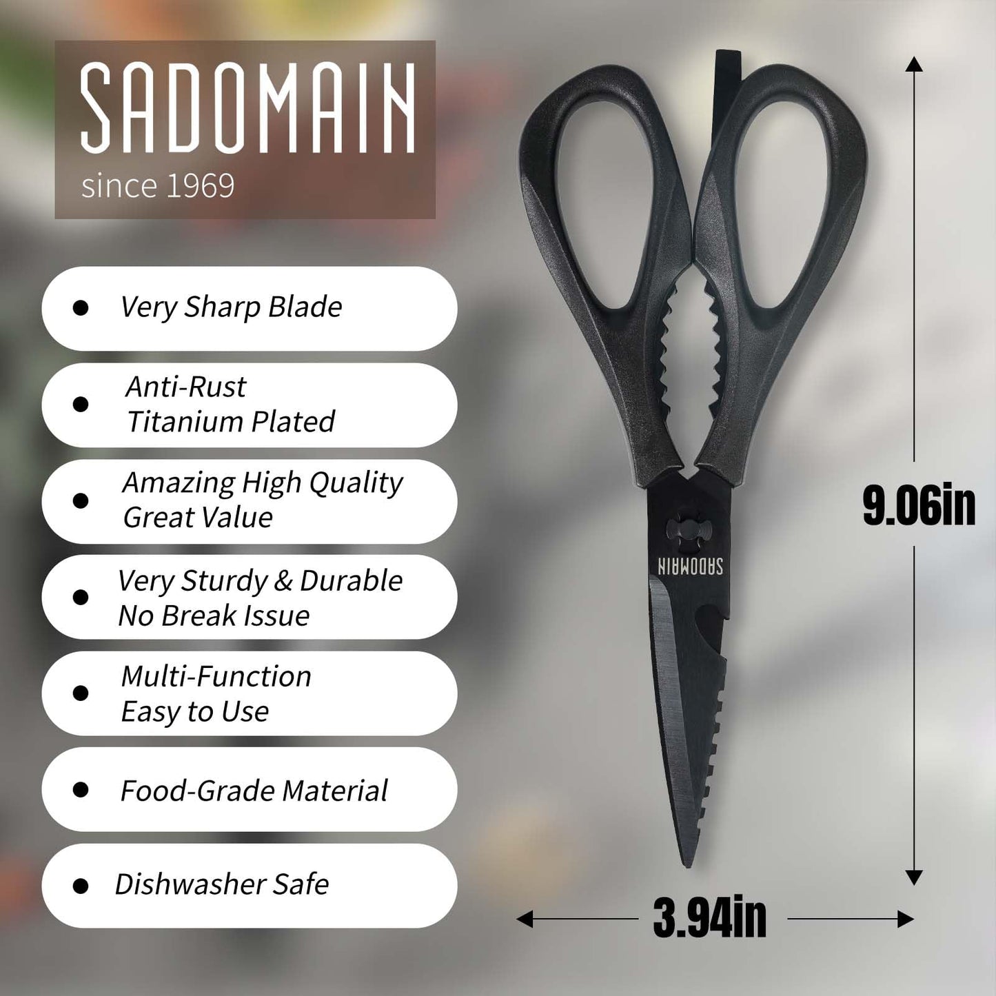 SADOMAIN Kitchen Scissors All Purpose, Extra Sharp Kitchen Shears with Knife Sharpener & Sheath, Solid & Durable Stainless Steel Scissors with ANTI-RUST Black Titanium Plated, Dishwasher Safe - Black