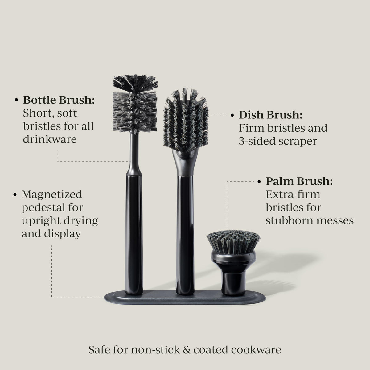 Curio Home Goods Ionic Brush Set, Magnetized to Stand Upright, Stainless Steel with Replaceable Heads, Onyx/Black