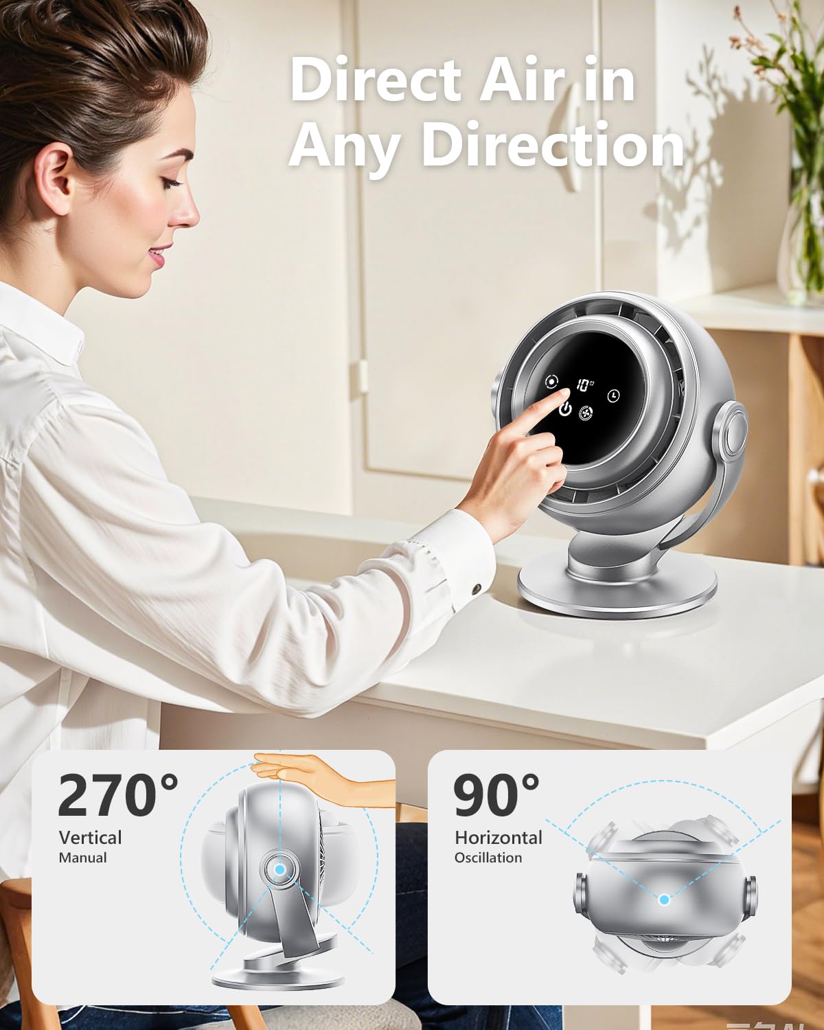 AGEYOU Desk Fan for Office, 90°Oscillating Fan with 6000mAh Rechargeable, 10 Speeds 4H Timer 270°Tilt Adjustment, 28dB Ultra-Quiet Portable Personal Table Fans, Gifts for Christmas Women Men Home
