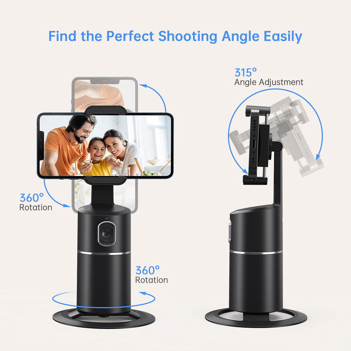 camrola Auto Face Tracking Phone Holder, No App Required, 360° Rotation Face Body Phone Tracking Tripod Smart Shooting Camera Mount for Live Vlog Streaming Video, Rechargeable Battery-Black