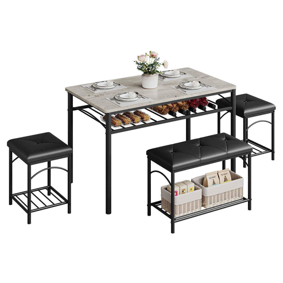 Hetoy Space-Saving 4-Piece Dining Table Set – Modern Table with Upholstered Bench & 2 Stools – Strong Wood & Metal Frame, Storage Shelf, Great for Small Dining Areas – Teak Oak Top + Black Legs