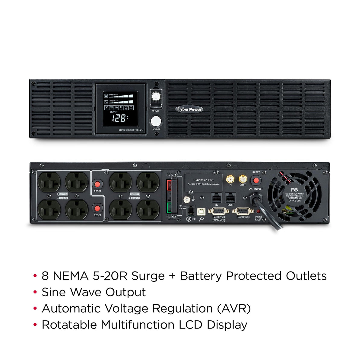 CyberPower OR2200PFCRT2U PFC Sinewave UPS Battery Backup and Surge Protector, 2000VA/1540W, 8 Outlets, AVR, 2U Rack/Tower, UL Certified