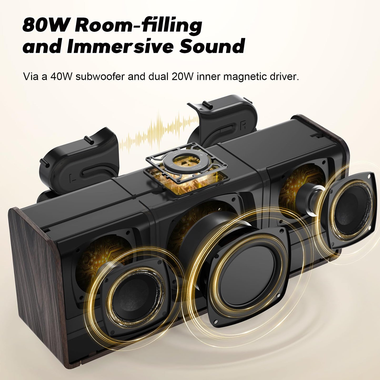 DOSS SoundBox Ultra Bluetooth Speaker with 2.1 Channel Audio, 80W Superior Sound with Deep Bass, Two DSP Technologies, 18H Playtime, BT 5.3, Wireless for Home, Office, Livingroom-Gold