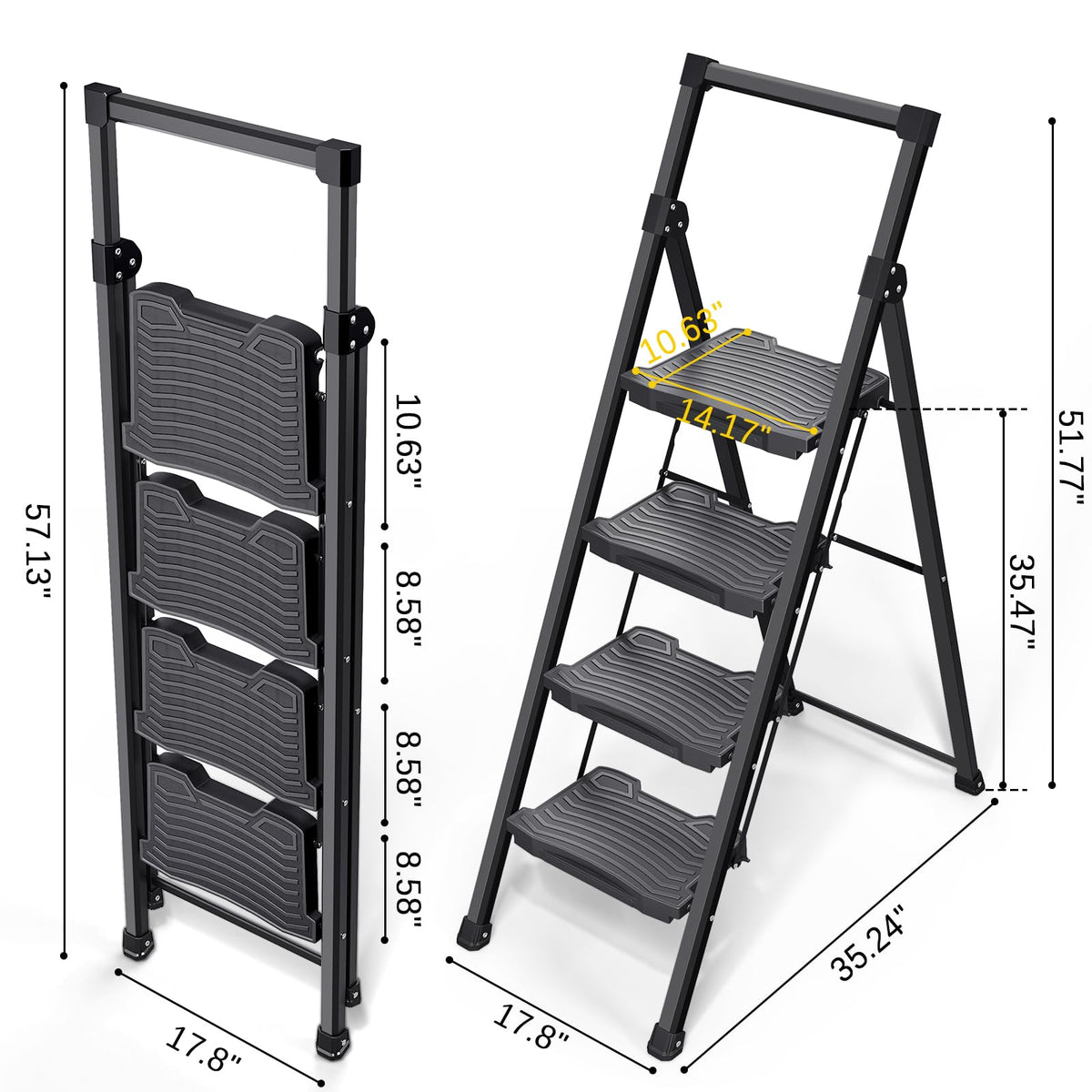 KINGRACK Step Ladder 4 Step Folding, 900lbs 4 Step Ladder with Anti-Slip Wide Pedal and Handrails, Lightwight Household Ladder, Pass 900LBS Testing, for Your Kitchen, Pantry, Closets, Office Use