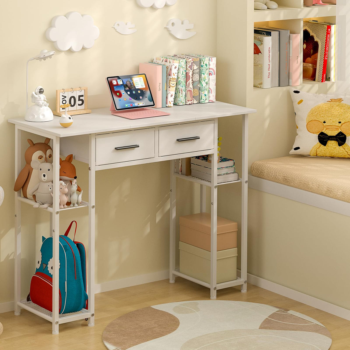 DAOUTIME White Computer Desk with Drawers, 37.3 Inch Home Office Work Desk with Storage Shelf, Kids Teens Study Table for Small Space, Small Writing PC Table for Bedroom Makeup Vanity Desk