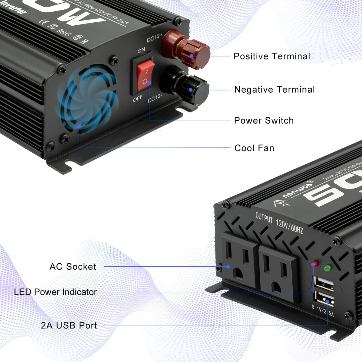 500 Watt Power Inverter car Inverter Rate 500W / Peak 1000W DC12V to AC 110V RV Inverter for Camping Charging Vehicle Power Inverter-Black(500W)