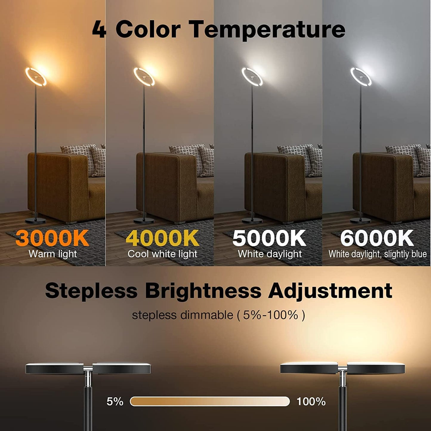SIBRILLE LED Floor Lamp - Rotatable Standing Lamp with Touch & Remote Control, 3000-6000K, 22W Modern Floor Reading Light, Dimmable Corner Uplighter for Living Room Bedroom Office, Black