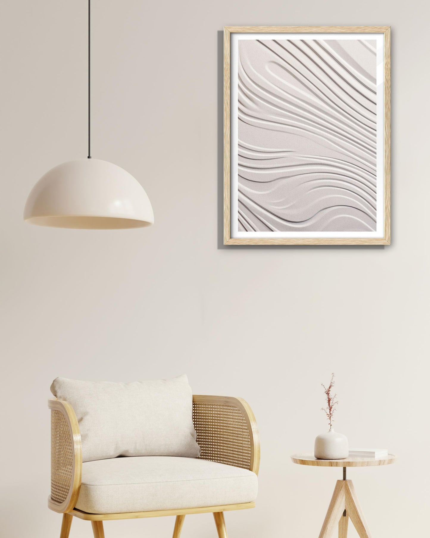 EcoHest Abstract Zen 3D Illusion Wall Art, 12x16in OAK Wood Framed Minimalist Flat Canvas with Soft Lines Design, Modern Japandi Style Decor for Bedroom, Living Room, 1 Pack