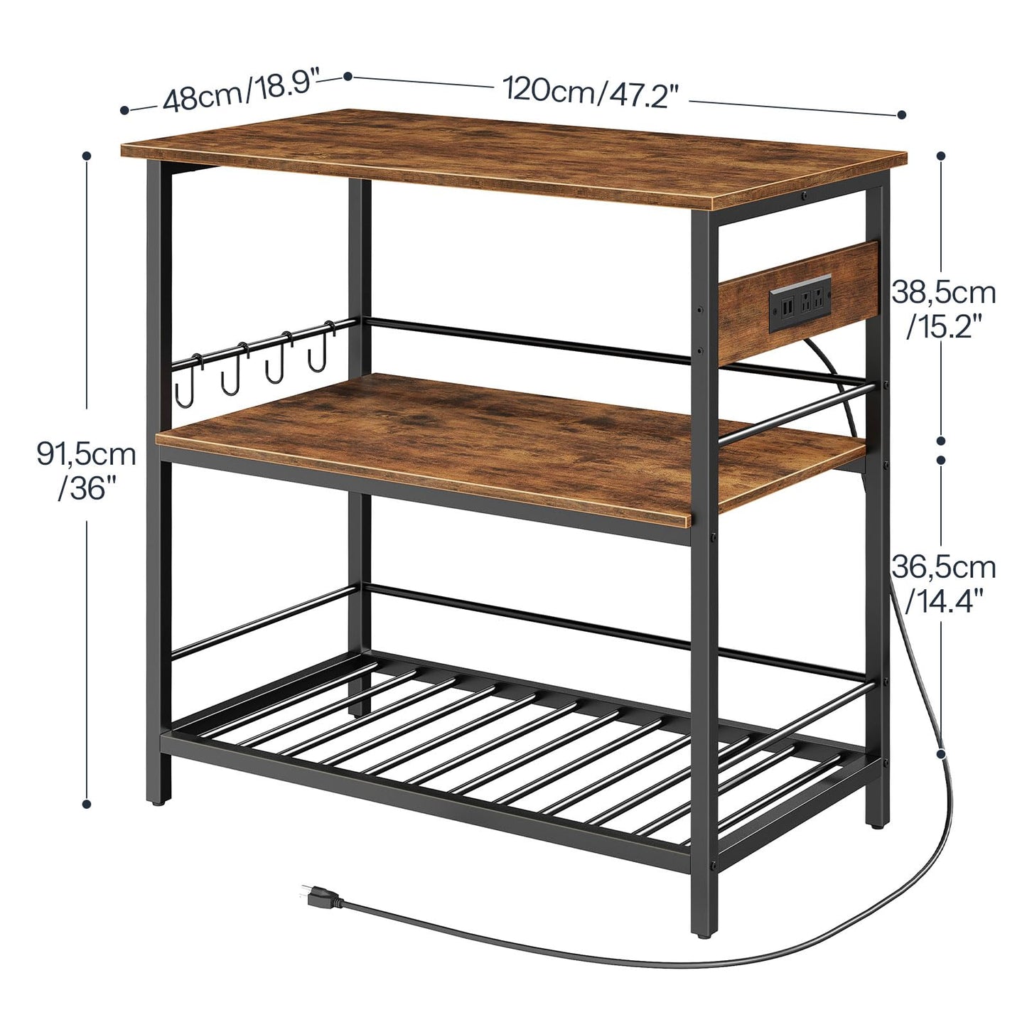 HOOBRO Kitchen Island with Storage, Kitchen Island Table with Power Outlet, 47.2" L 3 Tier Kitchen Counter and Microwave Stand, for Home, Kitchen and Dining Room, Rustic Brown and Black BF120UZD01