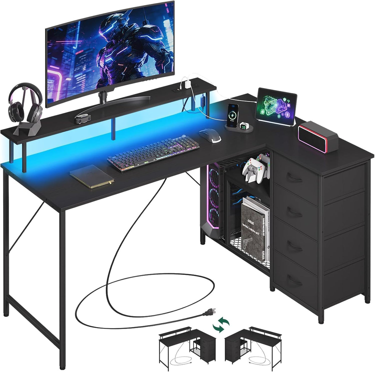 Somdot L Shaped Desk with 4 Drawers,61" Reversible Home Office Desks with Power Outlets,L Shaped Gaming Desk with USB Charging Port,Corner Desk with Storage Shelves,Easy to Assemble,Black