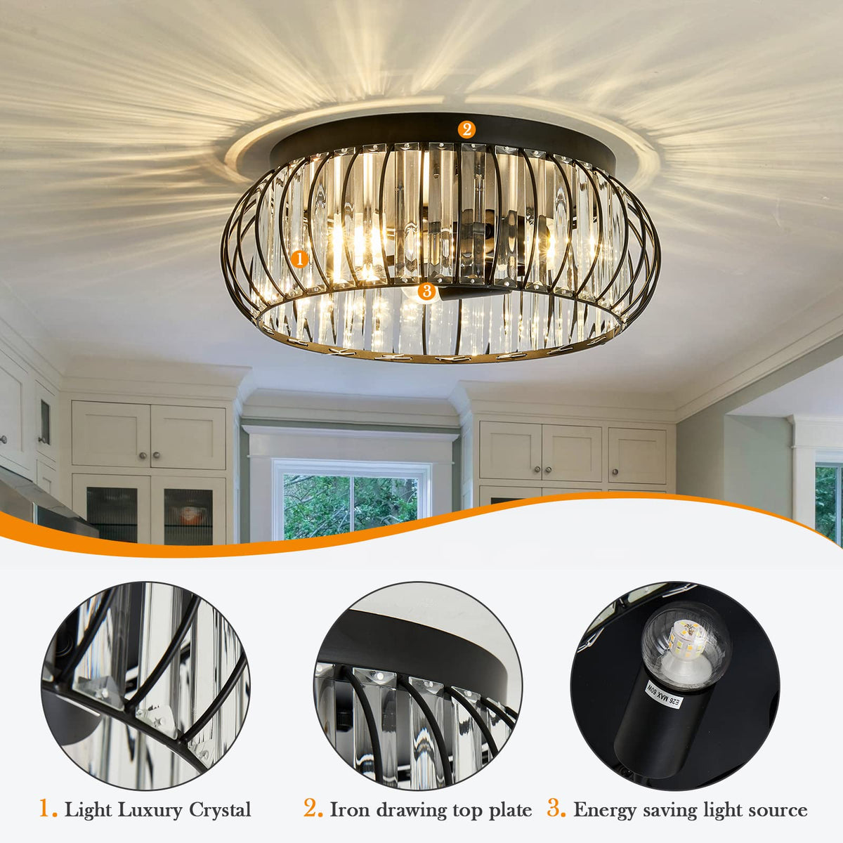 YYJLX 3 Light Flush Mount Ceiling Light Fixtures Modern Crystal Chandelier Black E26 Indoor Lighting for Hallway Bedroom Bathroom Foyer Living Room Dining Room Kitchen.