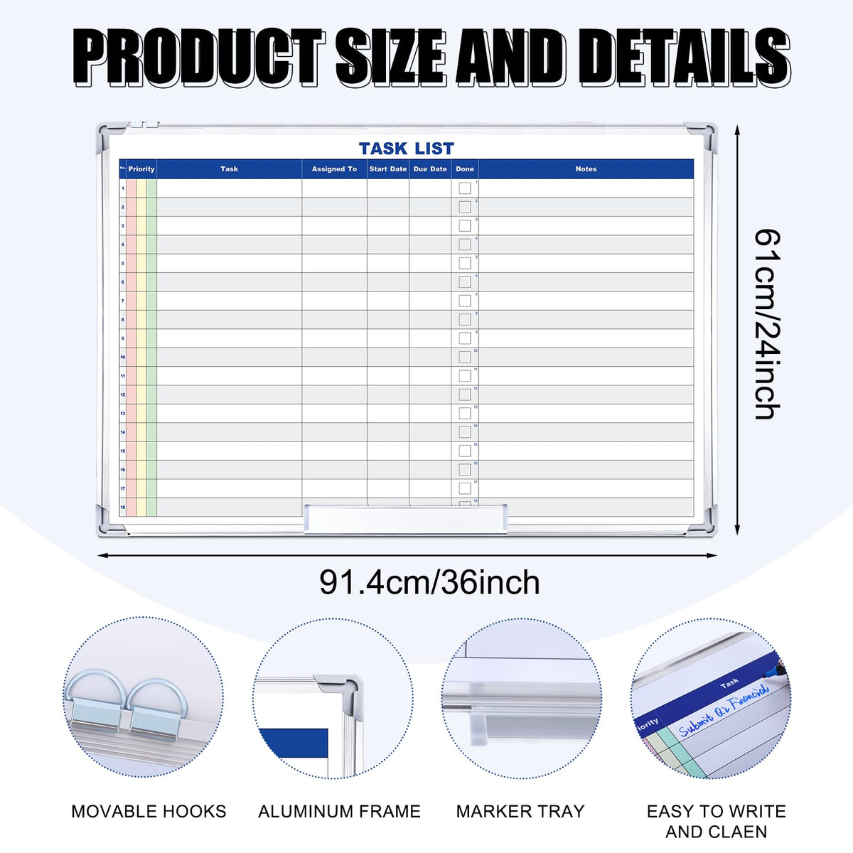 Lincia Large Dry Erase Task List 36 x 24 Inch Erasable Task Planner White Board for Wall Big Whiteboard Employee Assignment Tracker for Office Managing and Tracking Tasks to Increase Productivity