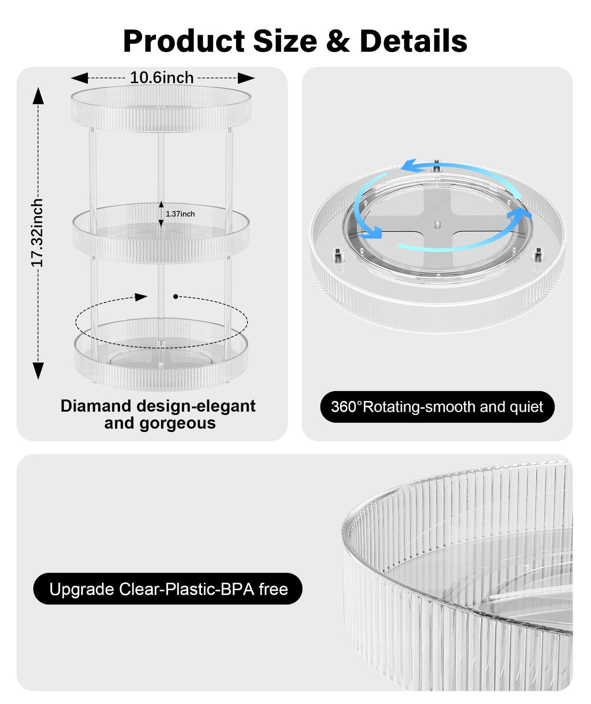 3 Tier Lazy Susan Bathroom Countertop Organizer, 360° Clear Rotating Makeup Cosmetic Perfume Storage Tray, Spinning Vanity Organizer Shelf for Bathroom Cabinet, Dresser, Kitchen(Large)