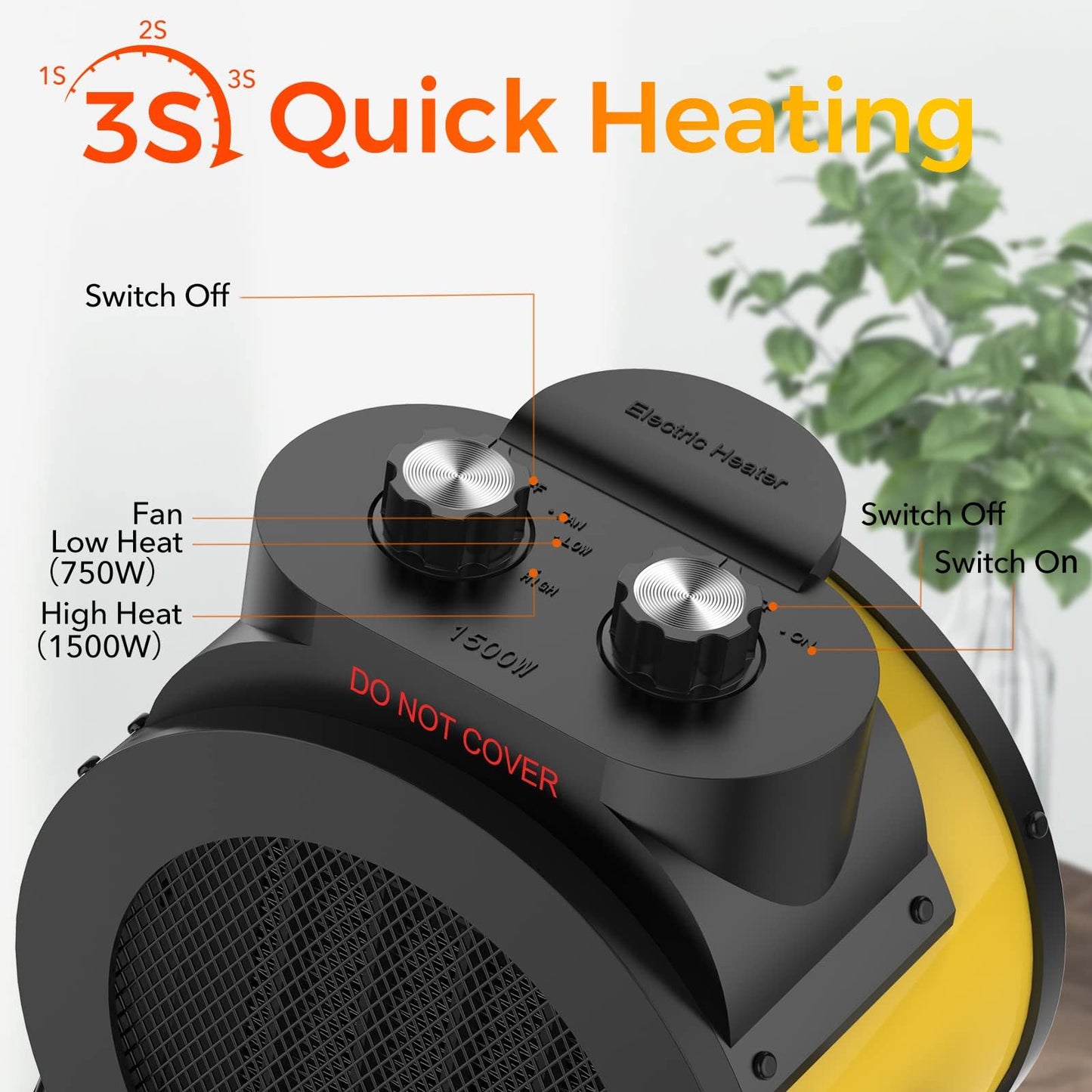 Elevoke Space Heaters for Indoor Use, 1500W PTC Electric Heater with 90°Adjustable Angle, Fast Safety Heat, Small Portable Heater for Office Home (Yellow)