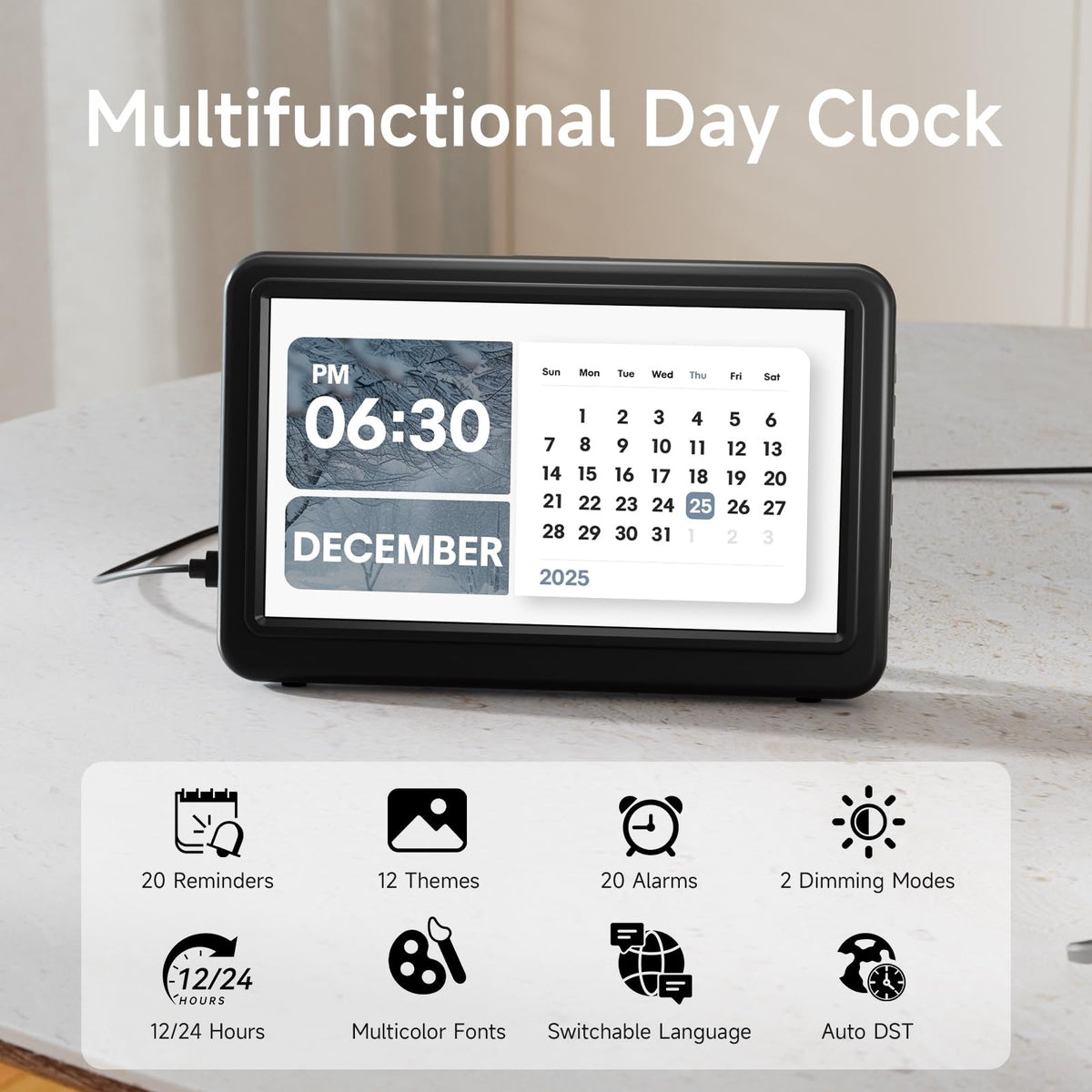 Raynic Date Clock, Digital Clock with 12 Themes, 20 Alarms, 20 Reminders, Semi-Automatic Dimming, 12/24 Hours, Auto DST Clock for Seniors Desktop, Office, Students (Black, 7 Inches)