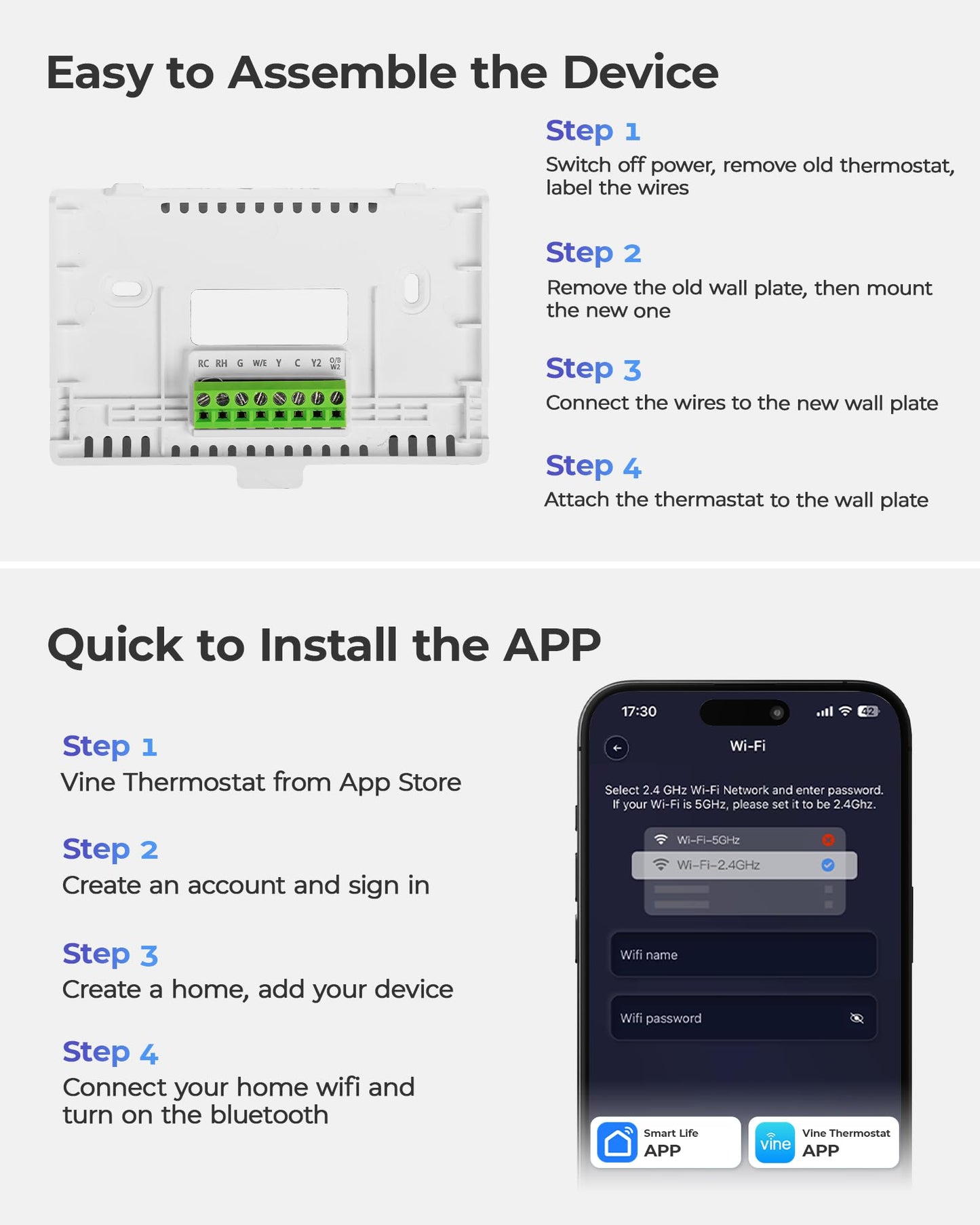 Vine Smart Thermostat for House with Nightlight, 4.3 Inches WiFi Thermostats for Home Compatible with Alexa and Google Assistant, 7day x 8period Programmable, C-Wire Required