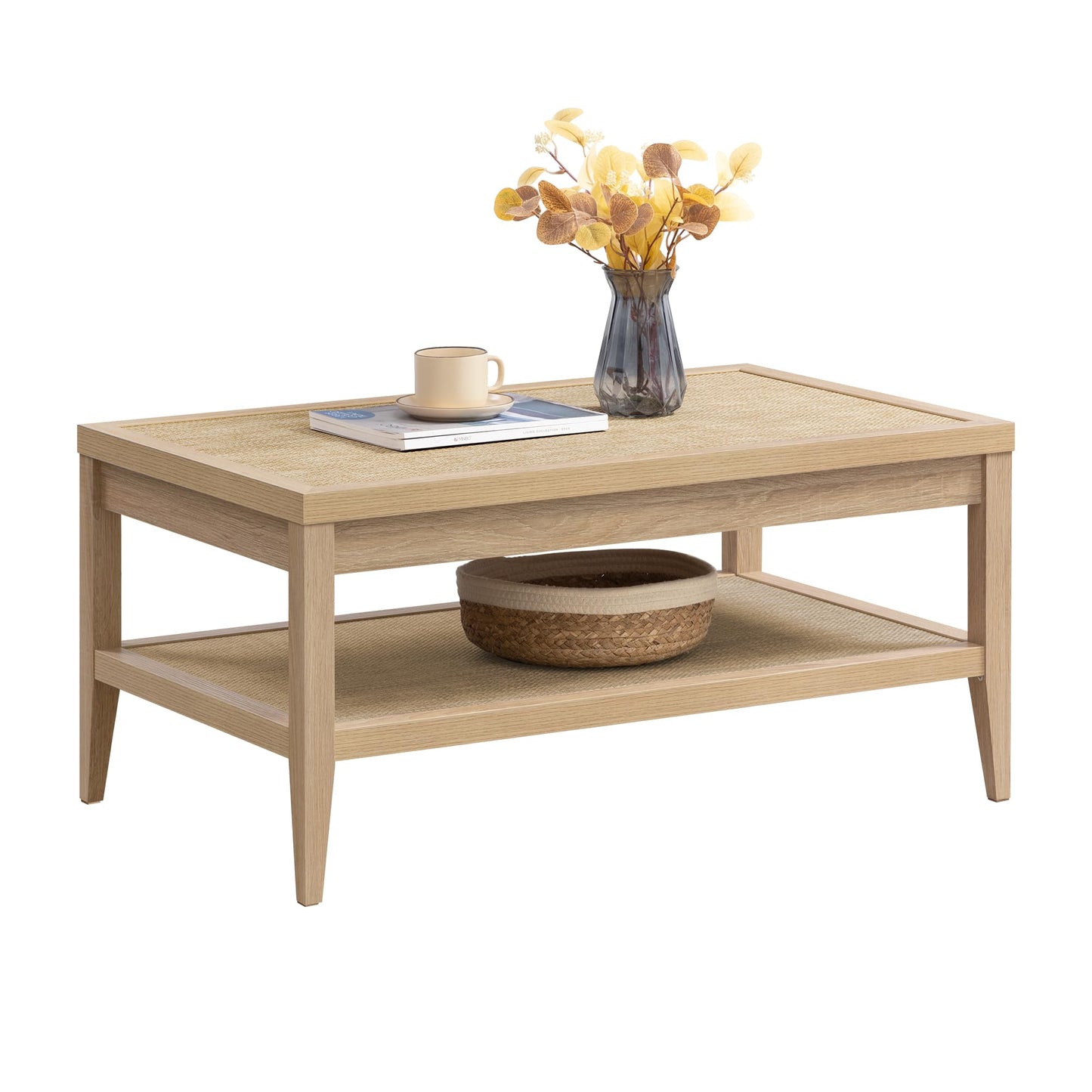 SICOTAS Rattan Coffee Table for Living Room - Boho Rectangular Dining Center Table with 2 -Tiers Rattan Storage Shelf, Farmhouse Accent Table for Living Room, Home Office, Light Oak