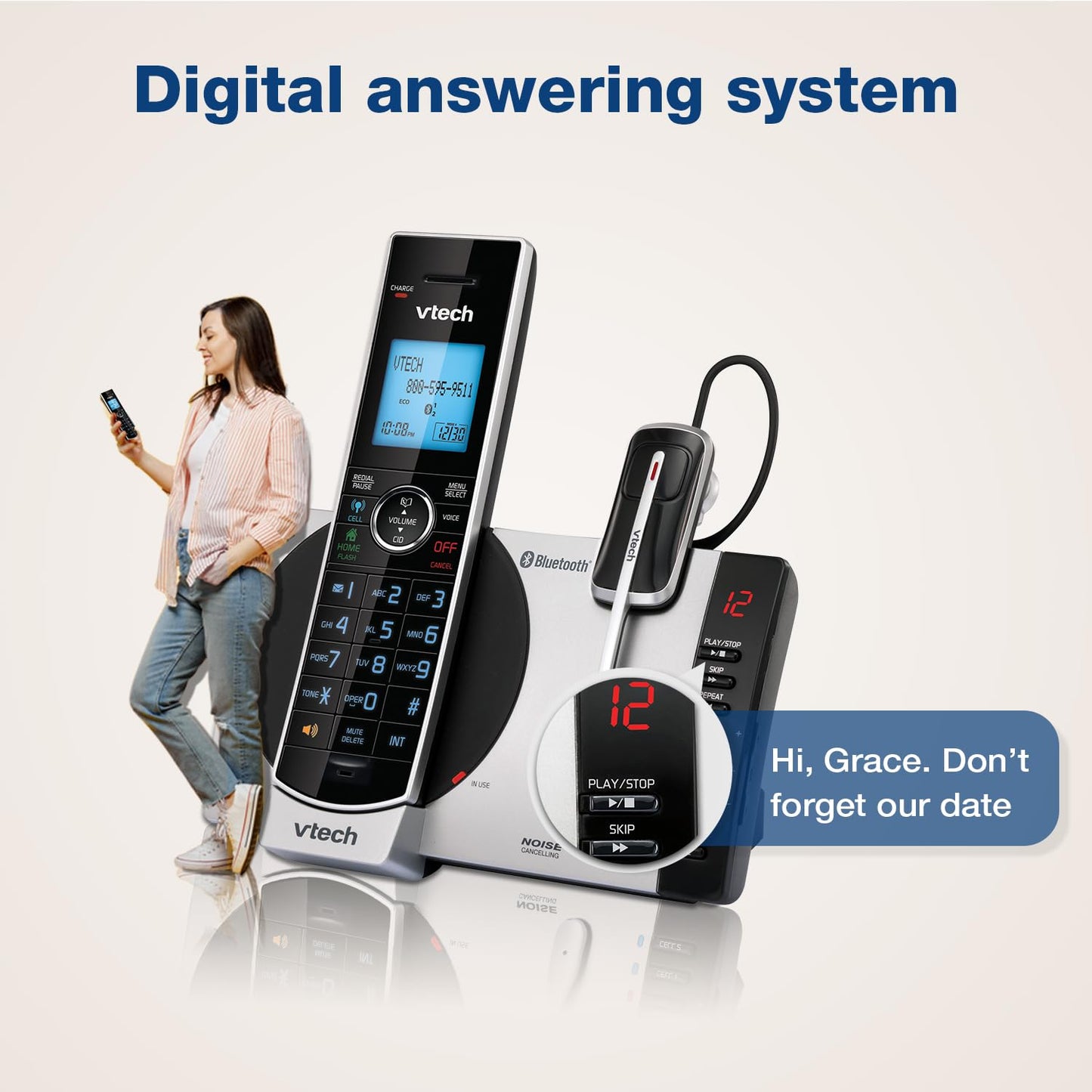 VTech DS6771-3 Connect to Cell, Cordless Phone with Answering Machine, DECT 6.0 Headset+2 Handset Intercom, Bluetooth, Caller ID/Call Waiting, Expandable System - Silver/Black