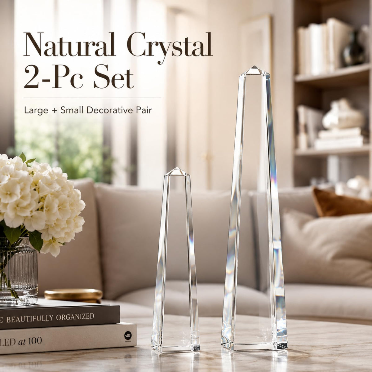 Novabright Crystal Obelisk Towers - 2 Pcs 9.25 Inch & 6.18 Inch Optical Crystal Decoration Set, Ideal for Farmhouse, Modern, and Home Decor for Mantel, Vanity, Side Table, Shelf, and Office Styling