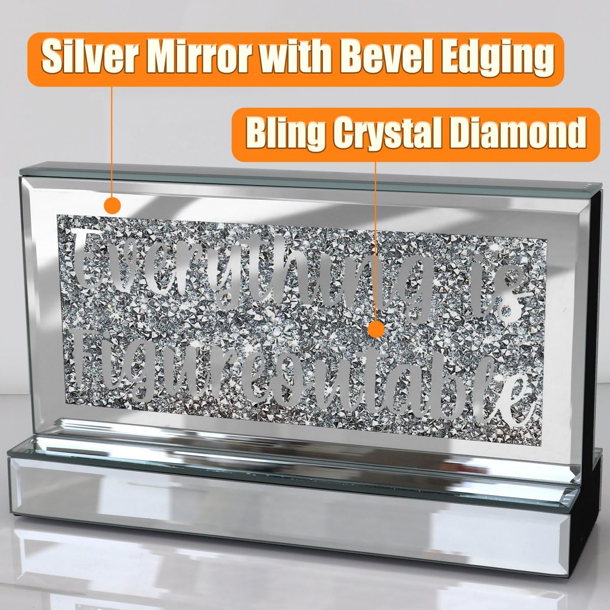 Silver Mirror Crystal Diamond Home Office Desk Art Decor, Daily Inspirational Office Supplies Sign and Reminder-Everything is Figureoutable & P.S. You Got This-9.1×5.1×3Inches