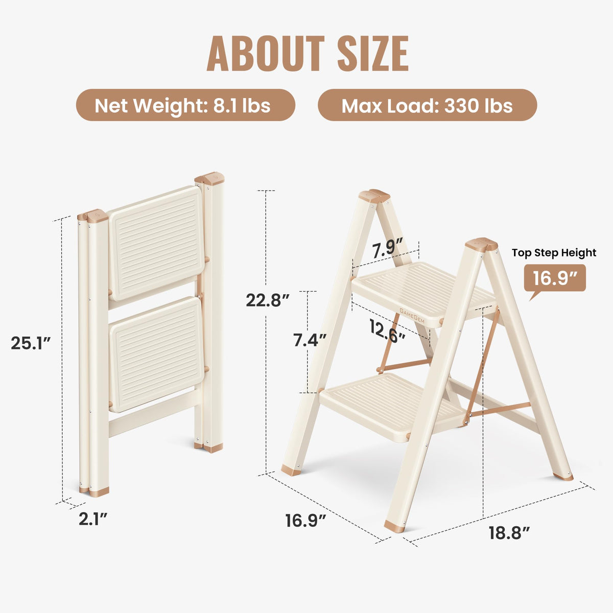 GameGem 2 Step Ladder, 2 Step Stool for Adults, Folding Step Ladder with Secure Footing, Widened Pedal, Aesthetically Pleasing Looking, Blends Right into Domestic Rooms, Cream Chocolate