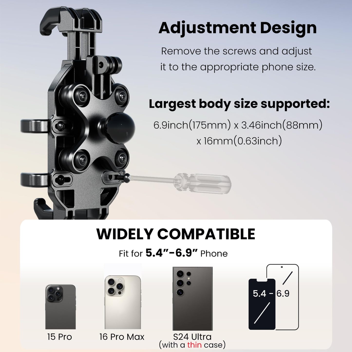 Thlevel Motorcycle Phone Mount Holder with Vibration Dampener Anti-Shake 720° Adjustable for iPhone 16 Pro Max for Samsung 5.4''-6.9'' Phone Anti-Theft Dirt Bikes(U Shape Base 0.6-1.1" Handlebar)