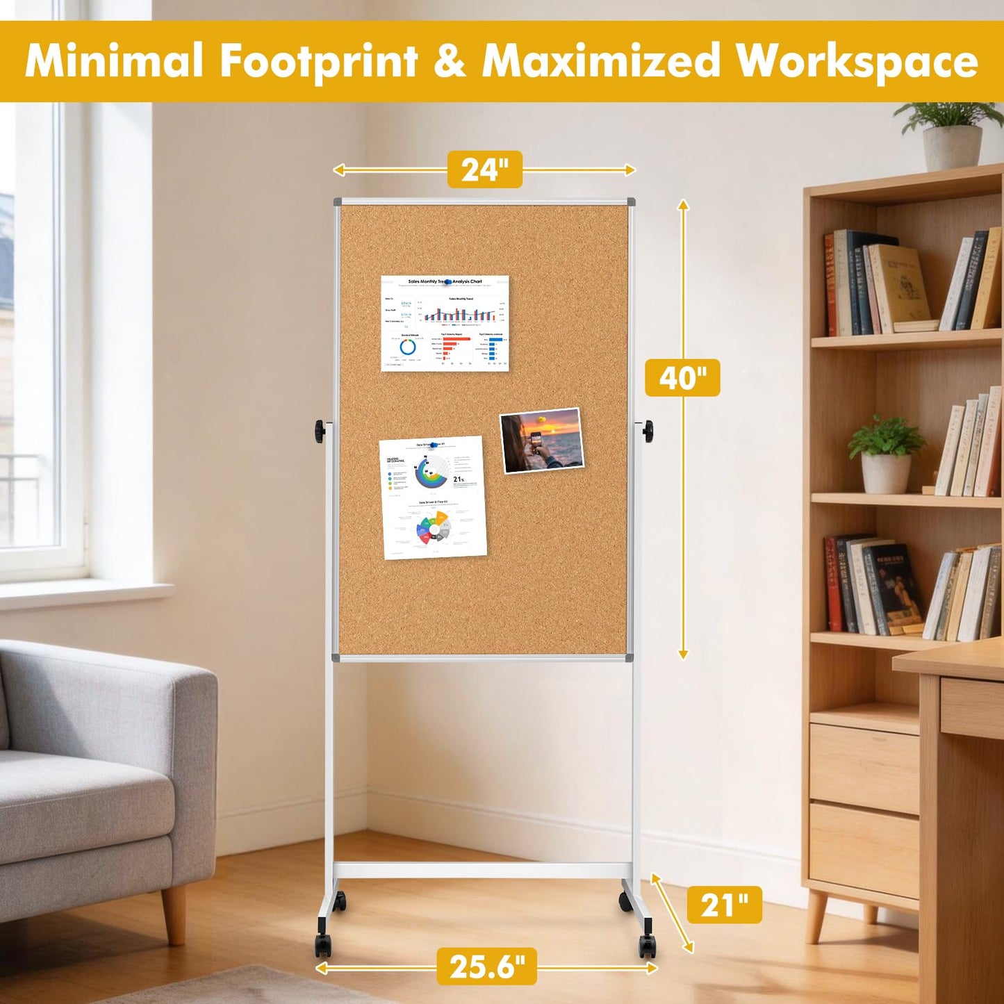 Rolling Whiteboard Corkboard Combo with Stand 24"x40", Double-Sided Mobile Dry Erase Bulletin Board on Wheels, Reversible Height Adjustable Standing Board for Home & Office