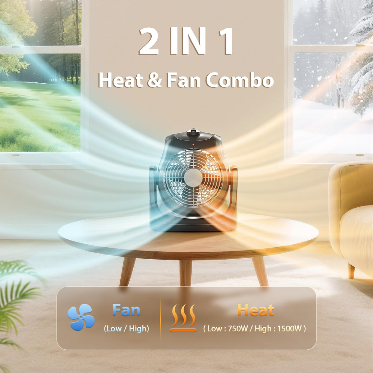 2 in 1 Heater and Fan Combo, Portable Heating and Cooling Fan, Personal Air Calculator Fan with 45° Adjustable, 2 Wind Speeds & Overheat Protection, 1500 & 750W Space Heater for Indoor Use Home Office