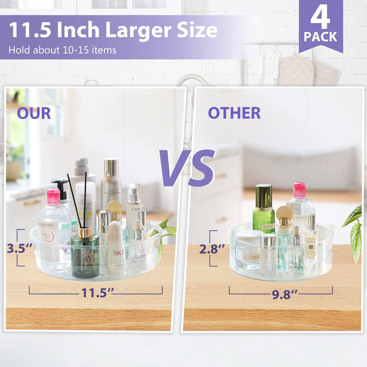 GUZON 4 Pack Lazy Susan Organizer for Cabinet, Upgraded 11.5" Clear Turntable Organizer with Handles and Raised Edge, Lazy Susan for Table Top, Pantry Organizers and Storage for Kitchen, Refrigerator