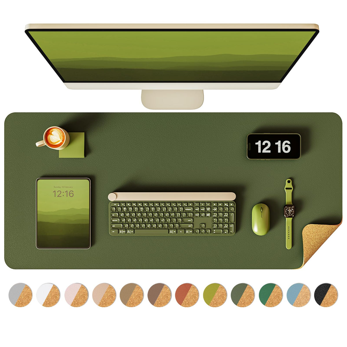 YSAGi Double-Sided Desk Pad, 31.5"x15.7"Leather Desk Mat, Eco Cork Desk Pad Protector,Large Mouse Pad,Waterproof Desk Blotter for Office/Home(Olive Green)