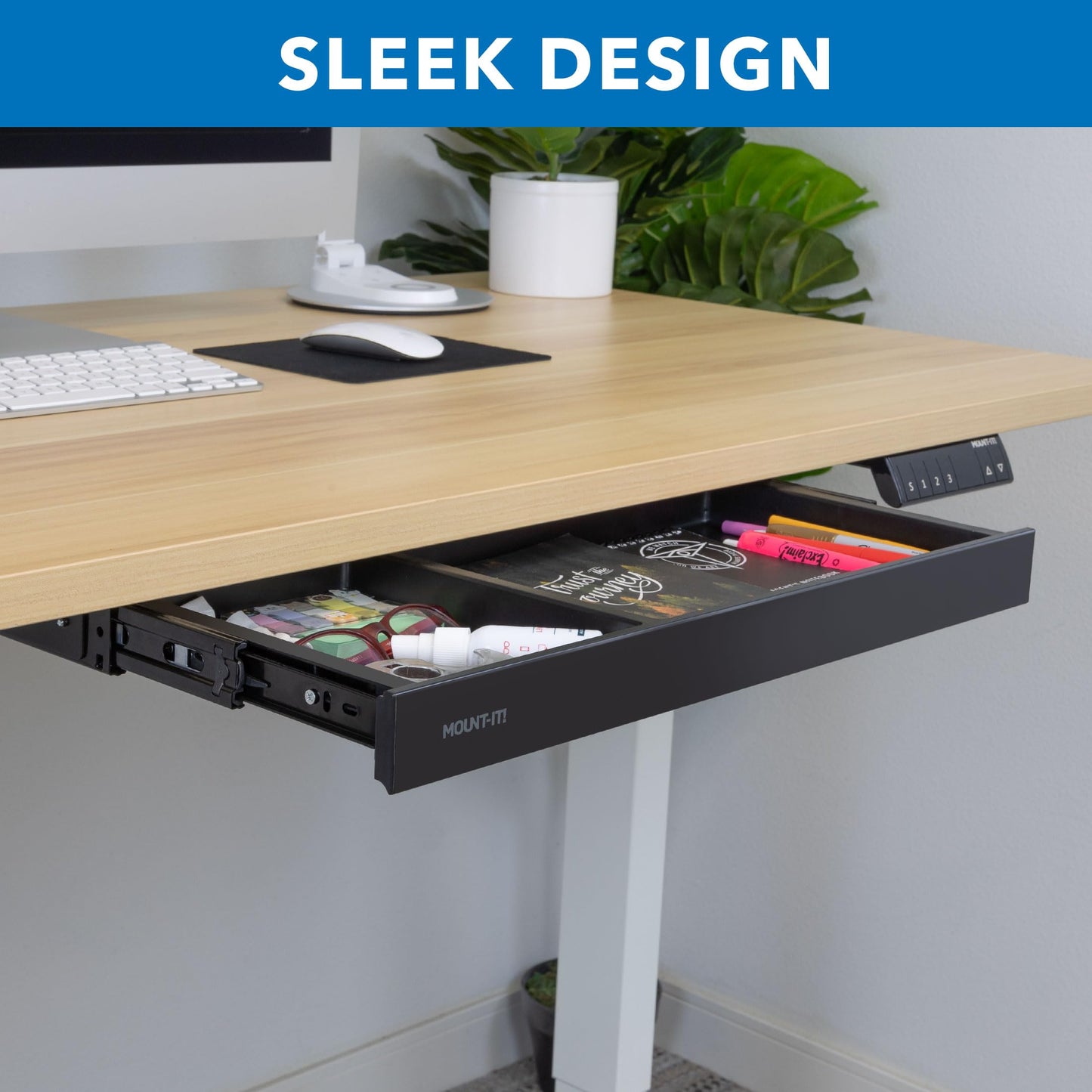 Mount-It! Under Desk Drawer Organizer with 2 Compartments, Shallow Low-Profile Slide-Out Desk Tray, 20.7″ x 8.9″ x 1.8″, Pull-Out Pencil Drawer for Traditional & Standing Desks - Black