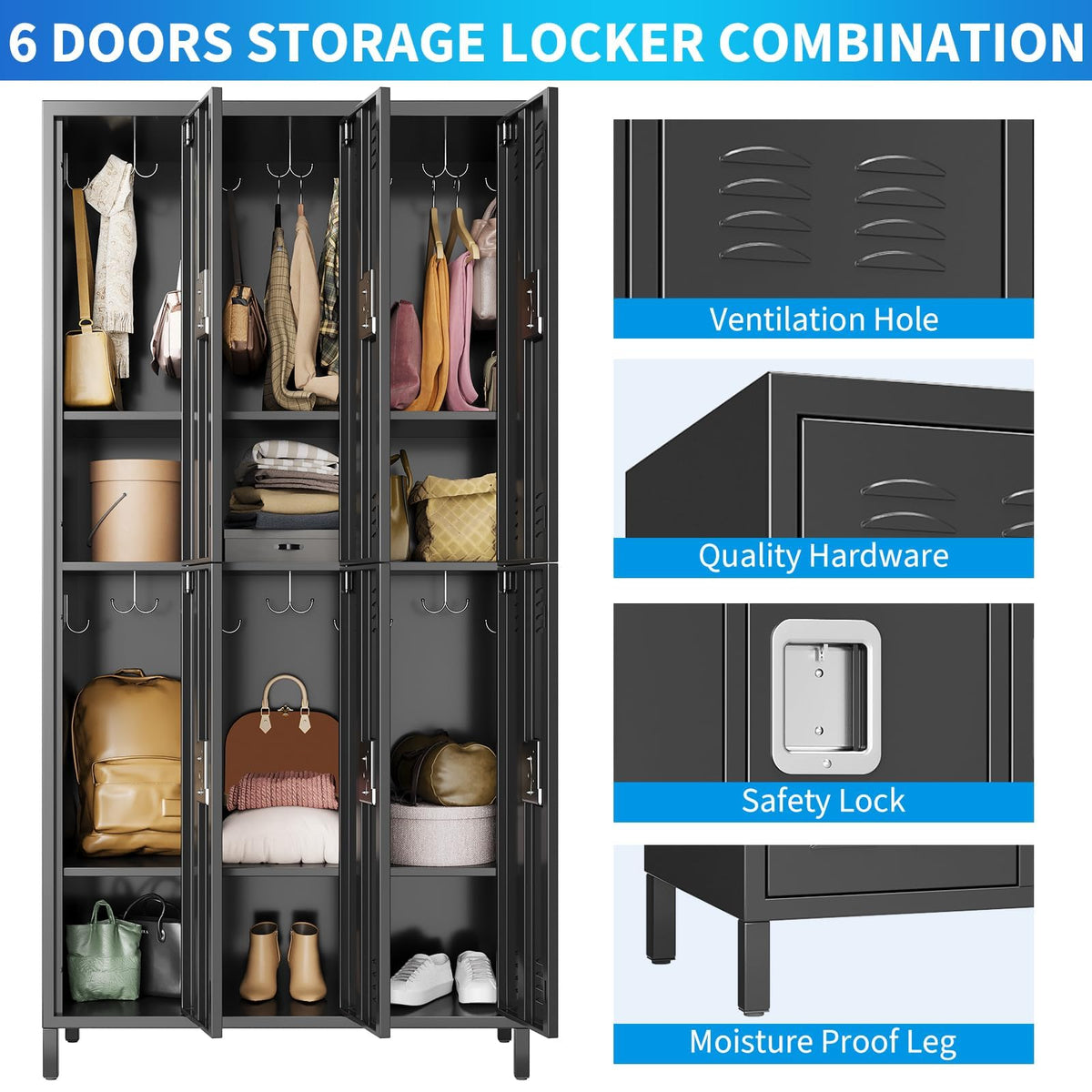 GarveeHome Metal Storage Locker with 6 Doors, Metal Locker for Employees with 18 Hooks for Garage School Office Gym Home, Assembly Required, Black
