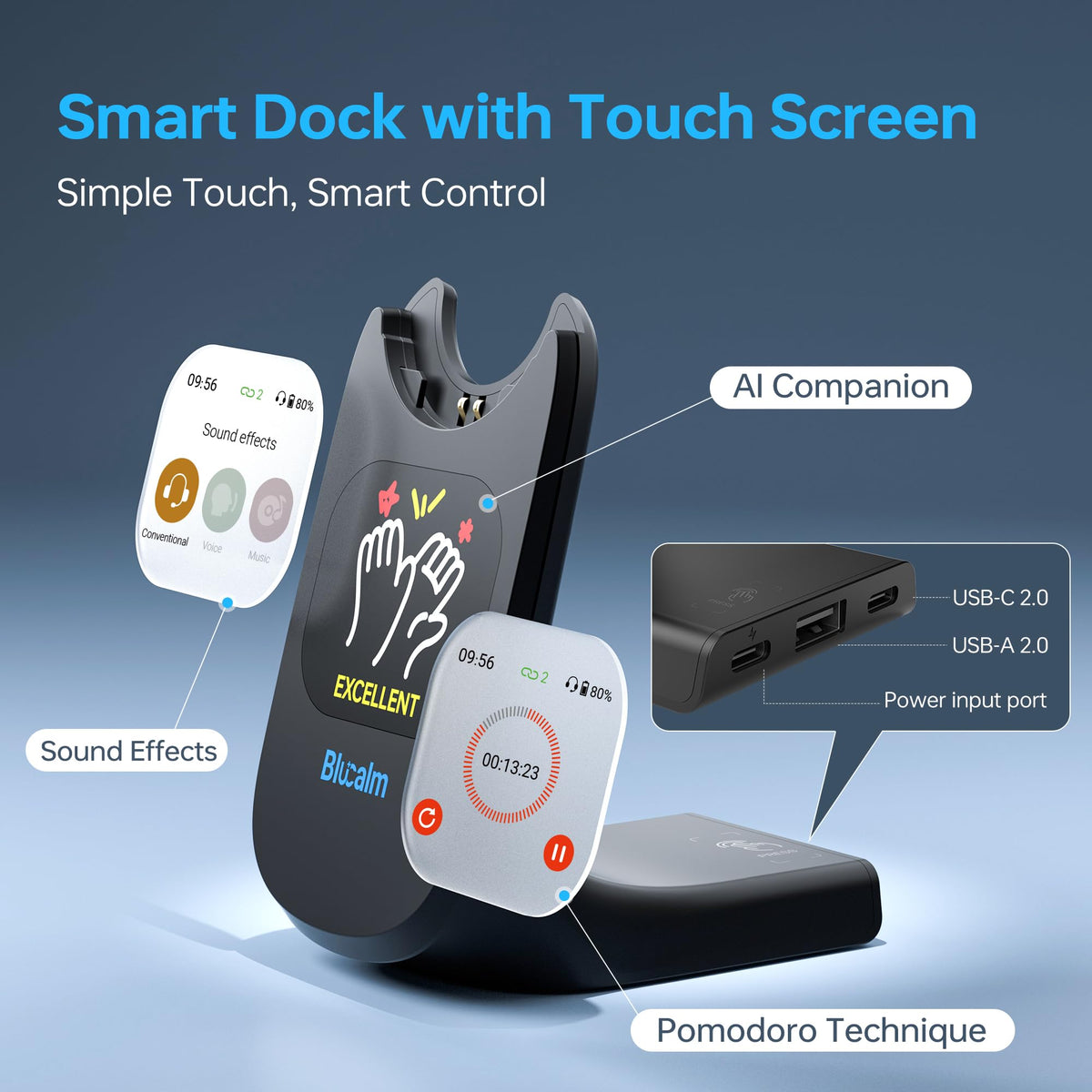 Blucalm Wireless Headset with Mic for Work - V5.4 Headset with Noise Canceling, PC Headphones with Mic Mute & USB Dongle, Smart Dock with Touch Screen for Work from Home, Teams, Zoom