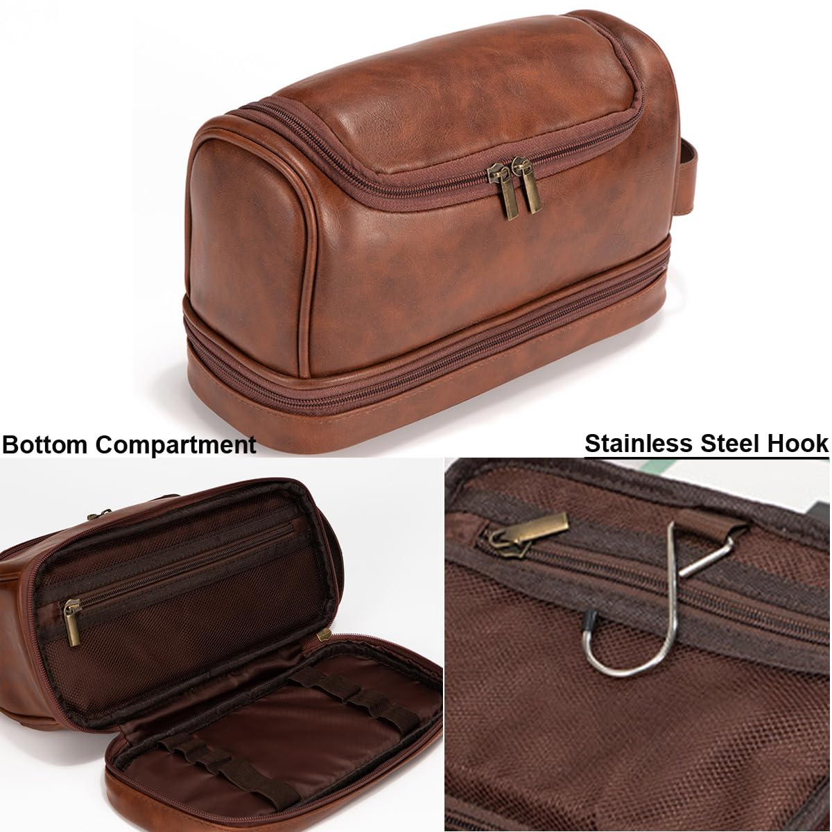 RC ROCKCOW Toiletry Bag for Men Leather Travel Organizer Shaving Dopp Kit with hanging hook, Large Water-resistant Toiletries Bathroom Shaving Bags for Women