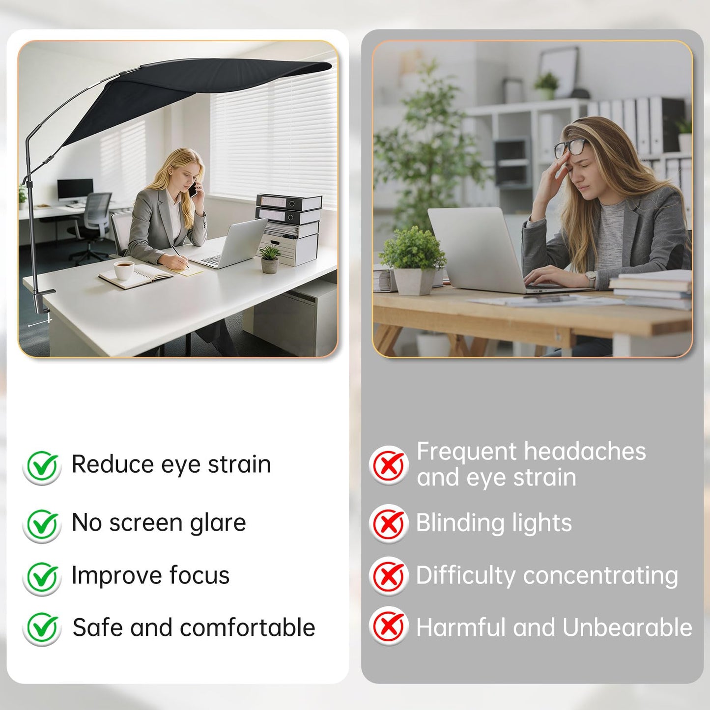 Large Office Cubicle Desk Shade – Blocks Overhead Light, Reduces Eye Strain & Headaches for Light Sensitive Workers, Anti-Glare Canopy, Black