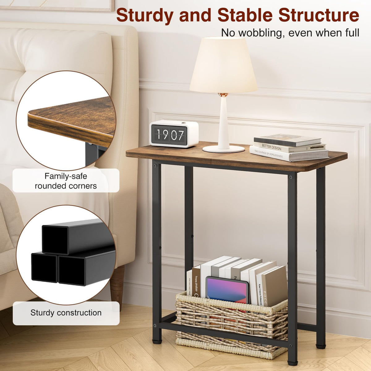 MISSLO Narrow End Table Living Room with Large Tabletop, Sofa Couch Side Table Bedroom Slim Nightstand for Small Space, Rustic Brown