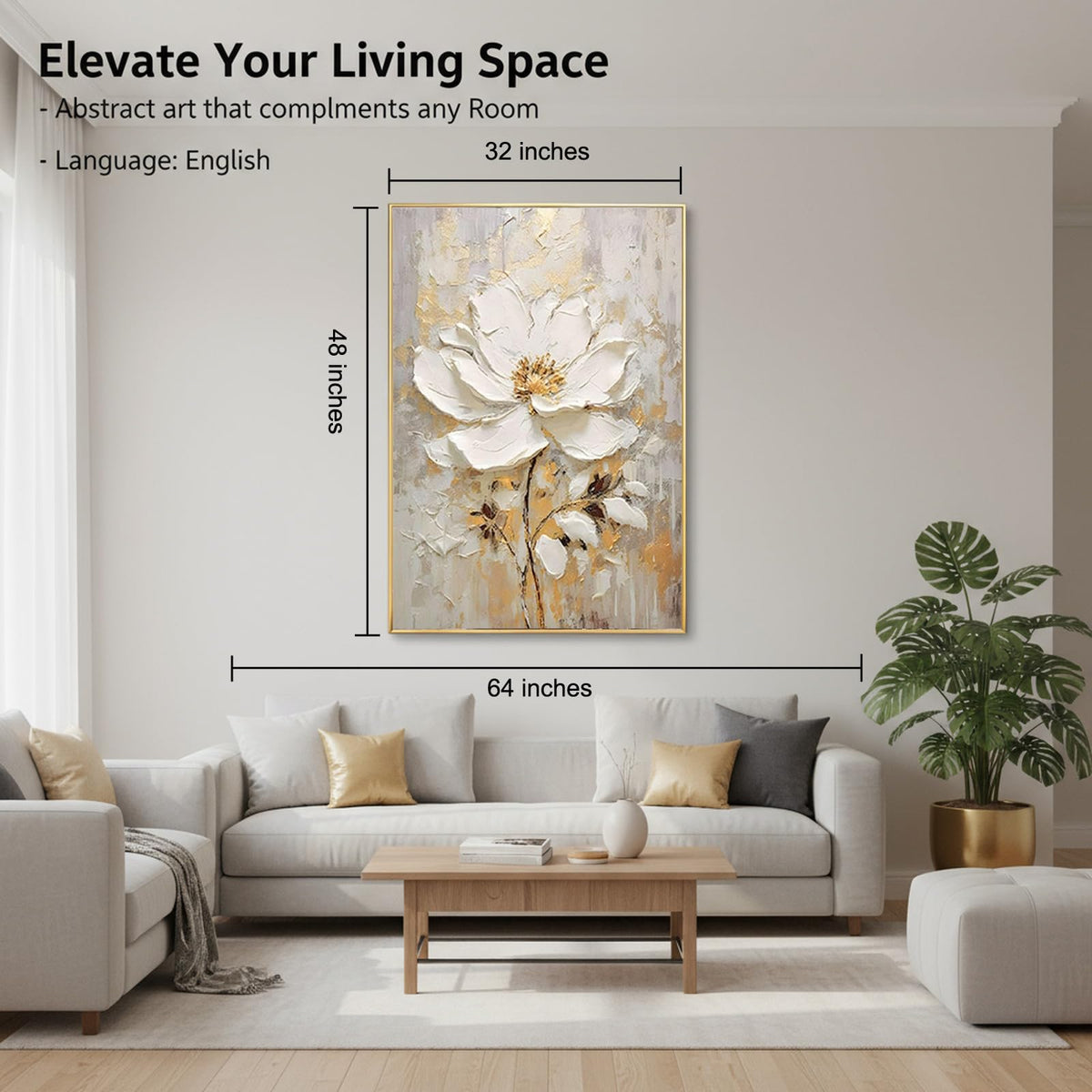 Large Hand Painted Flower Oil Painting for Ofiice-3D White Floral Canvas Wall Art for Bedroom- Framed Modern Artwork for Living Room Home Decoration 32x48inches