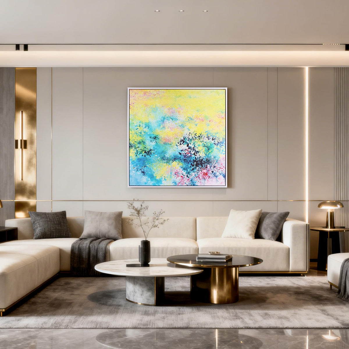 24x24 Inch Framed Wall Art Set of 2, Yellow Flower Panda Abstract Modern Canvas Wall Decor - Boho Color Fusion Living Room Bedroom Office Art, Hidden Panda Discovery