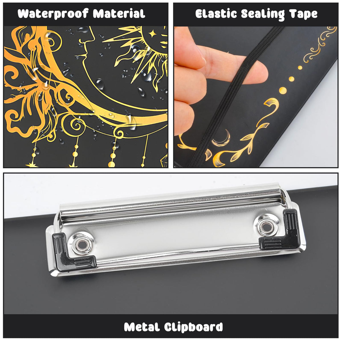 3 Ring Binder 1 Inch Three Ring Binder Cute Binder Fits A4 Paper Decorative Clipboard Binder with 5 Tab Dividers for School Office Supplies(Black Gold Sun Moon)