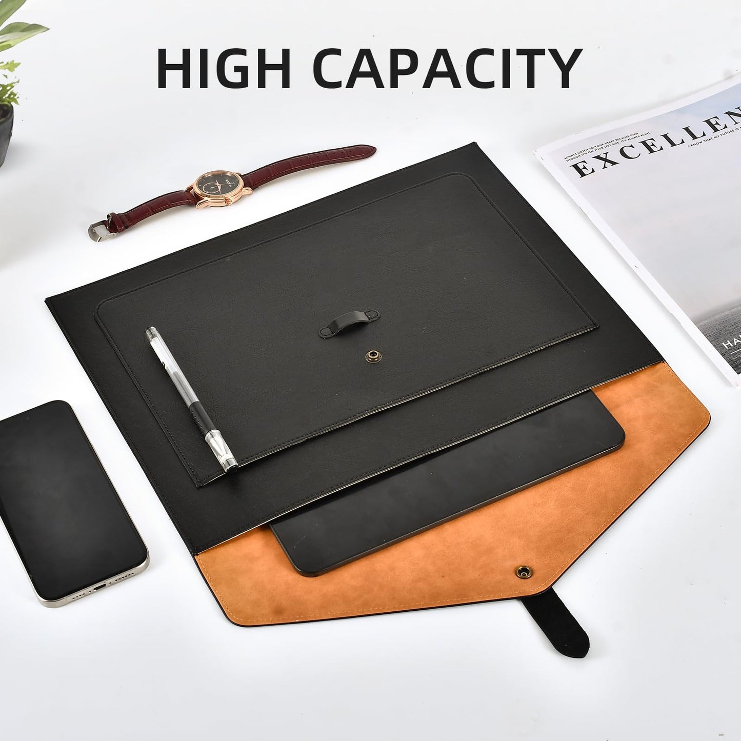 QiXin Black PU Leather File Folder, Snap Closure File Organizer, Important Document Folder with Pockets, Document Organizer, Laptop Sleeve Notebook Case, A4 Envelopes Filing Folder